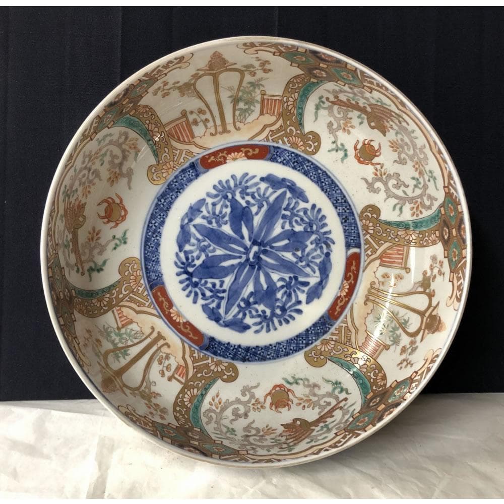 きなこ　e3002 古伊万里 色絵 鉢 径24.7cm 二重高台