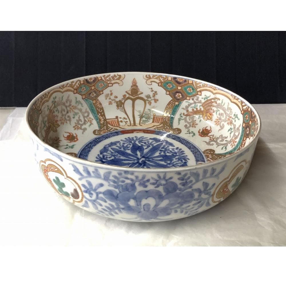 きなこ　e3002 古伊万里 色絵 鉢 径24.7cm 二重高台