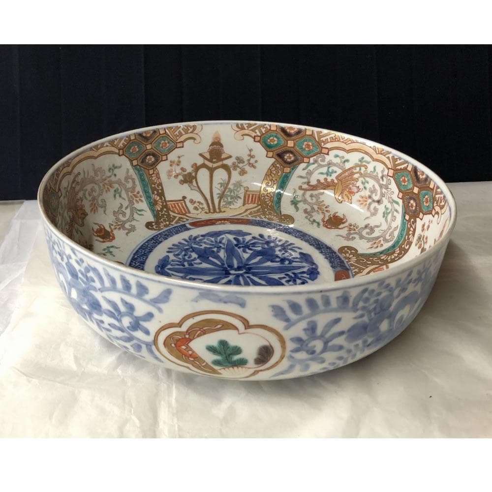 きなこ　e3002 古伊万里 色絵 鉢 径24.7cm 二重高台