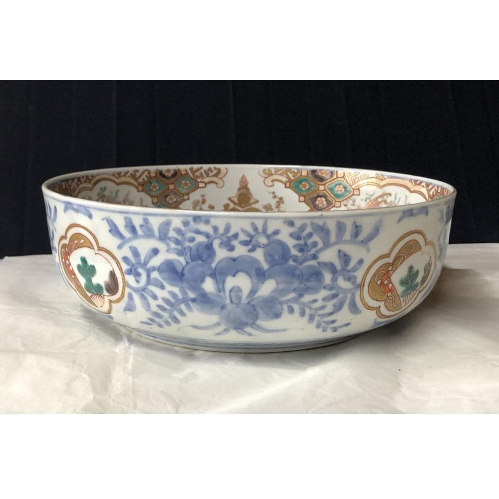 きなこ　e3002 古伊万里 色絵 鉢 径24.7cm 二重高台