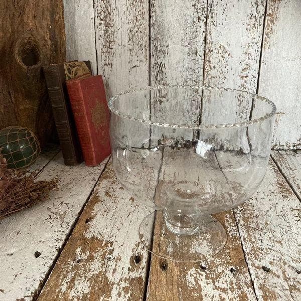 ヴィンテージ 波縁 気泡 ガラス 脚付 金魚鉢 古硝子 めだか鉢 磨りガラス