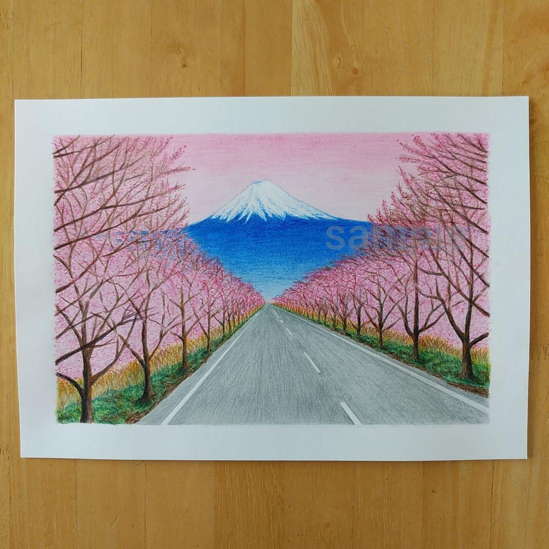 絵画色鉛筆風景画『富士と桜並木』原画