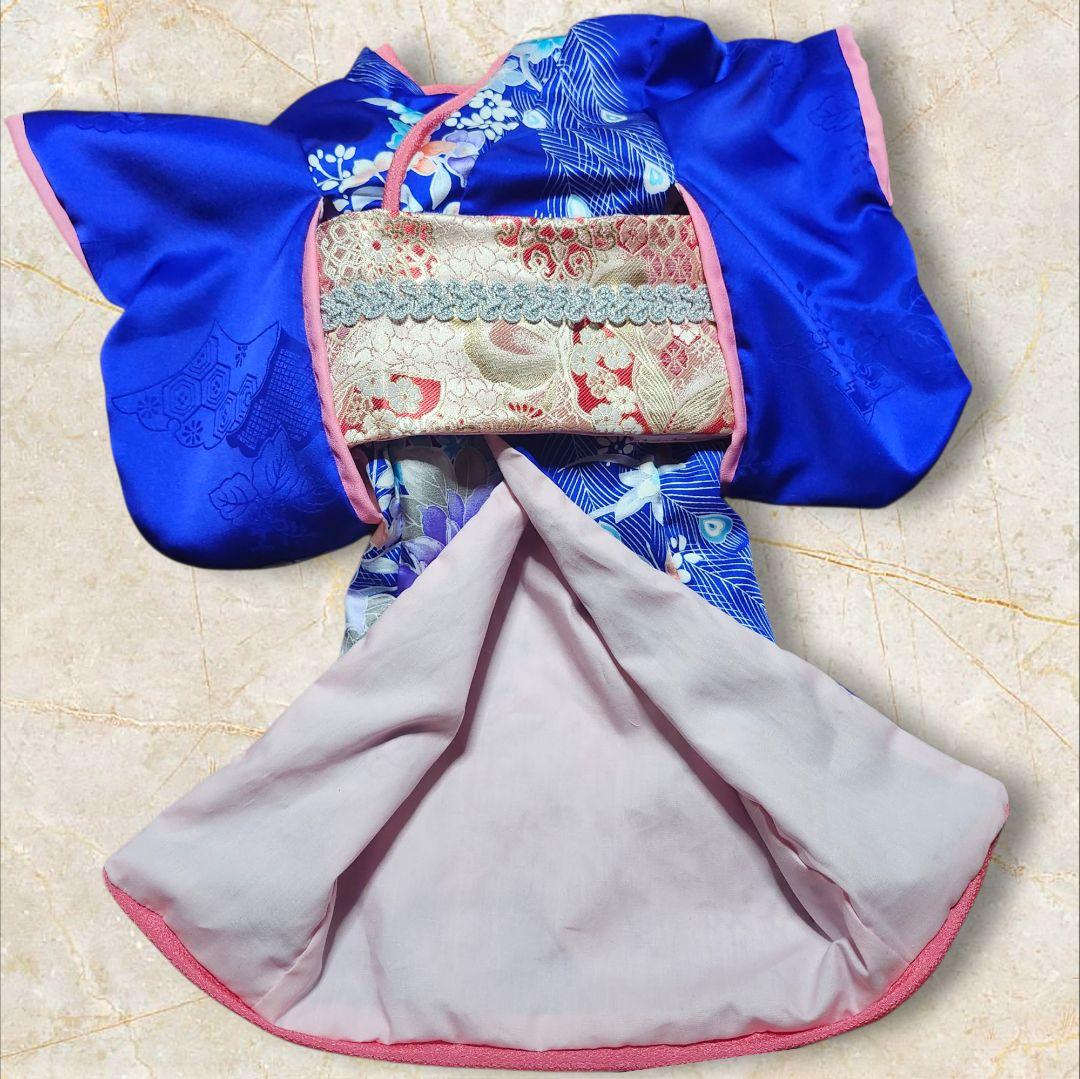 犬服　ブルー　振り袖　着物　引きずり　ハンドメイド
