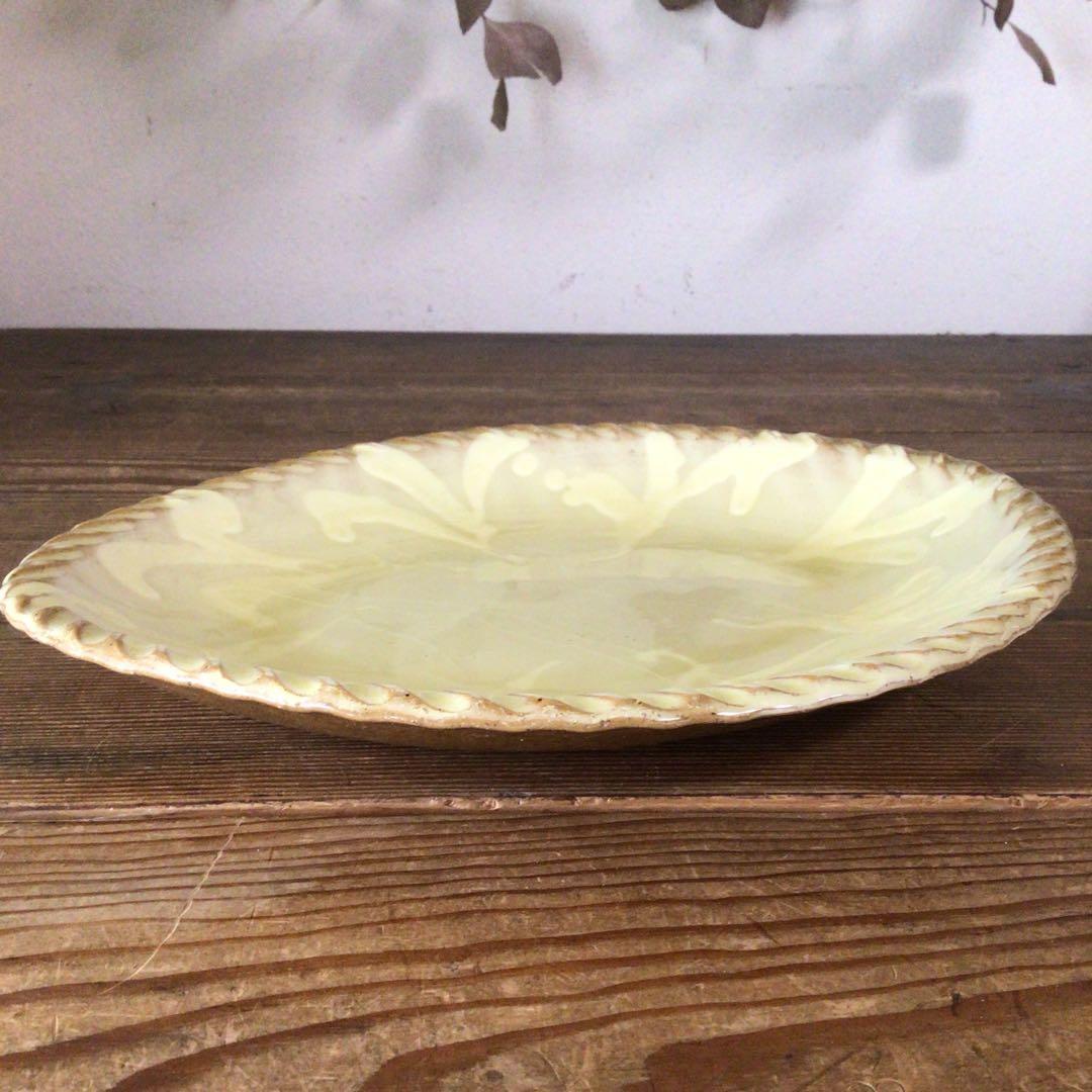 No3842 船木伸児　淡黄釉楕円鉢　共箱　布志名舩木窯　島根県　民藝　送料無料