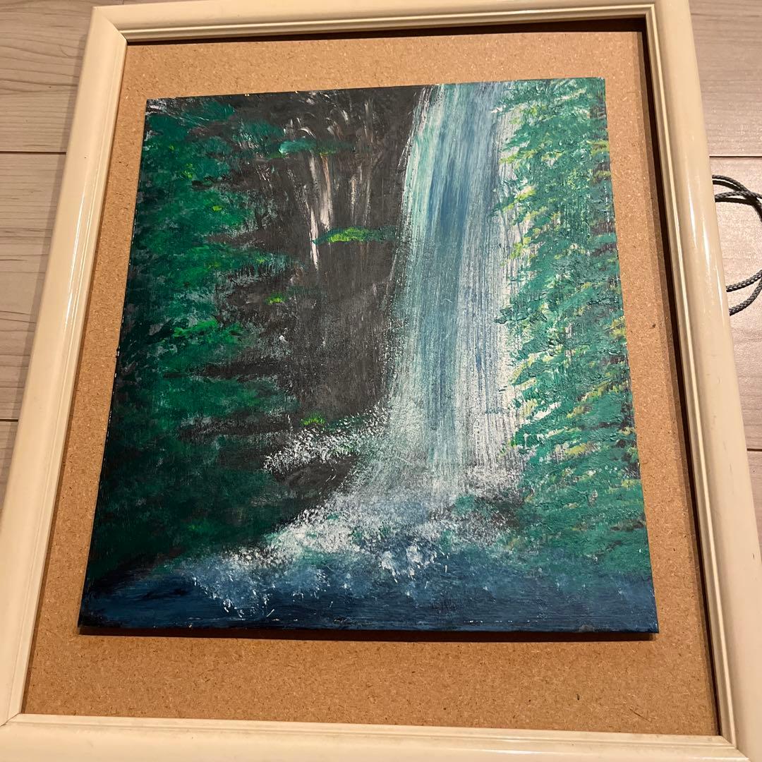 滝と森林の油彩画 約27cm x 25cmフレーム無