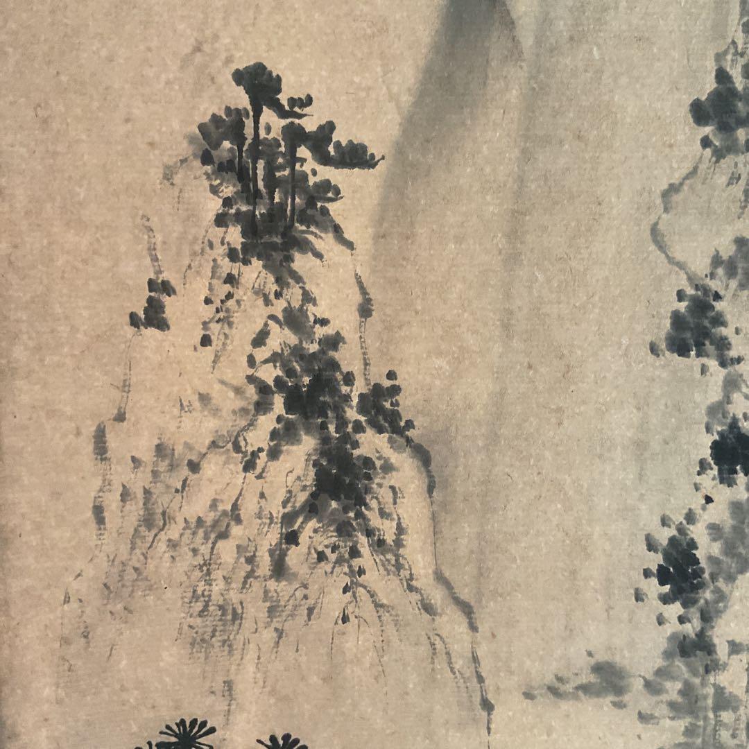 中国画 紙本水墨山水図 落款印譜在 作者不詳 軸先木細工