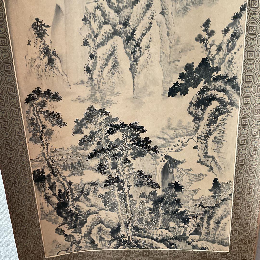 中国画 紙本水墨山水図 落款印譜在 作者不詳 軸先木細工