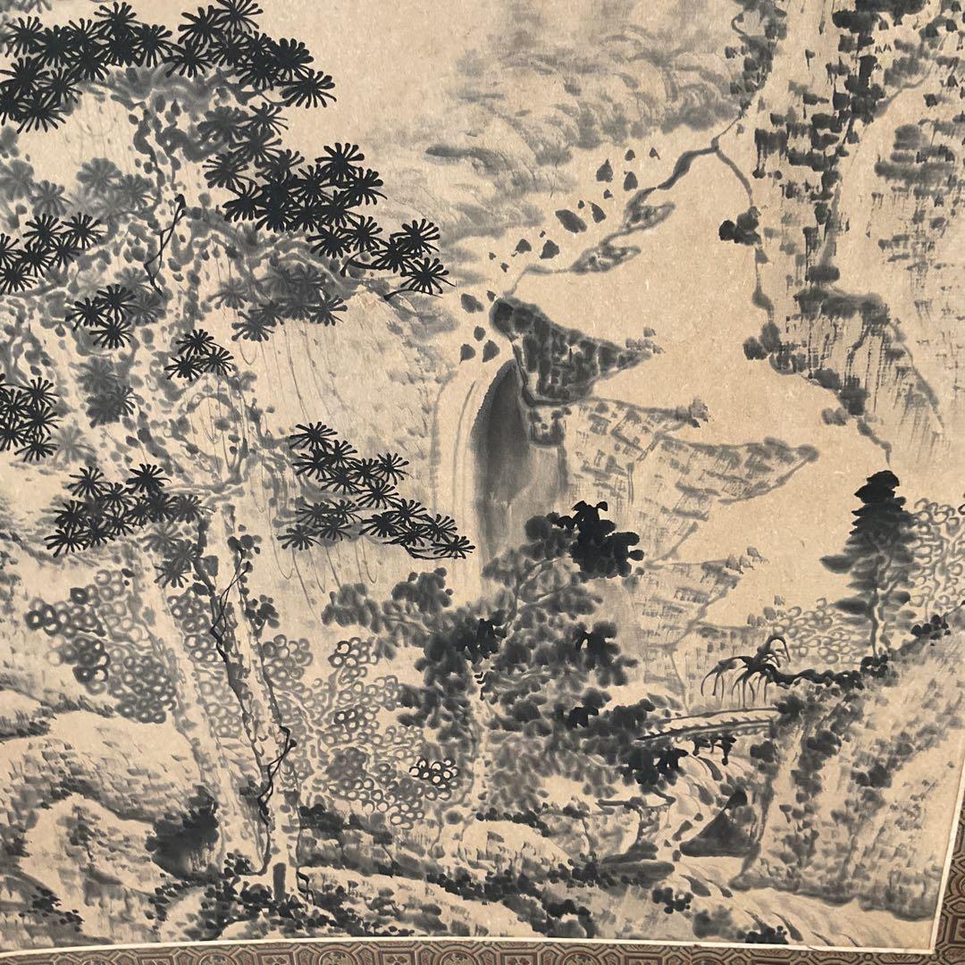 中国画 紙本水墨山水図 落款印譜在 作者不詳 軸先木細工