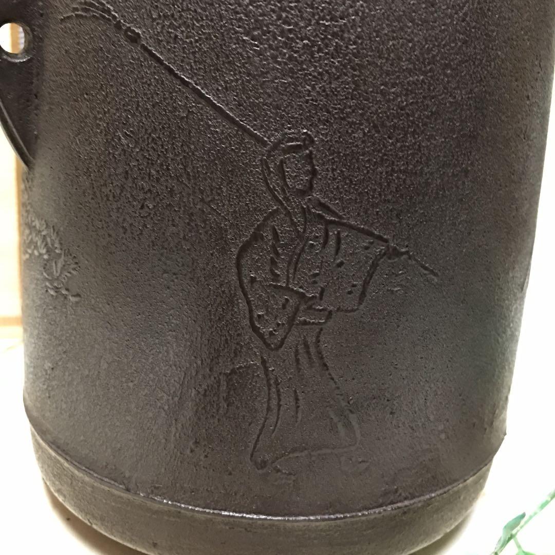 住吉地紋　筒釜　釜師　山本閑浄作　釜環付　お茶道具　鉄釜　古今和歌集　木箱入