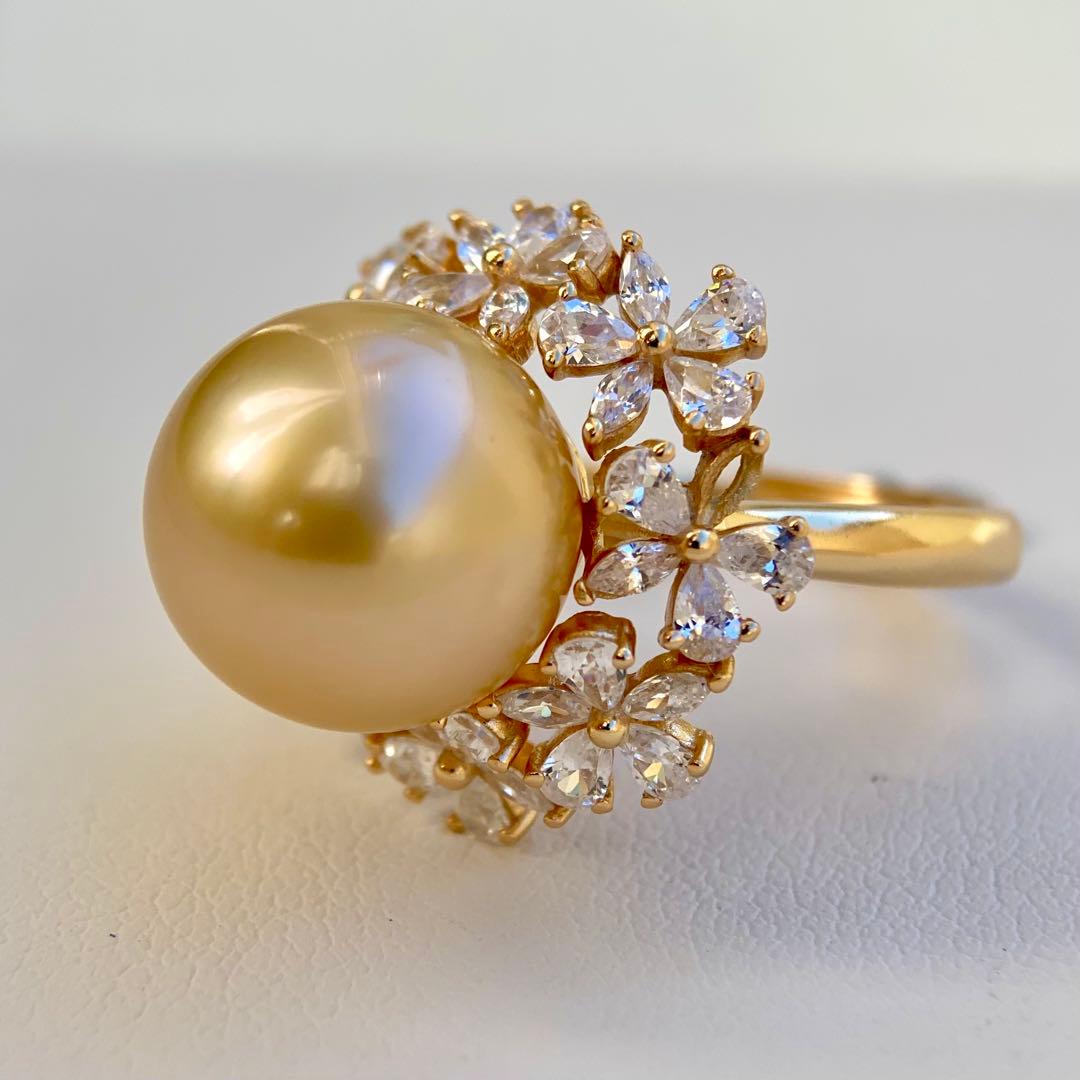 本真珠南洋白蝶真珠　茶金12.9㍉花モチーフs925リングY1018