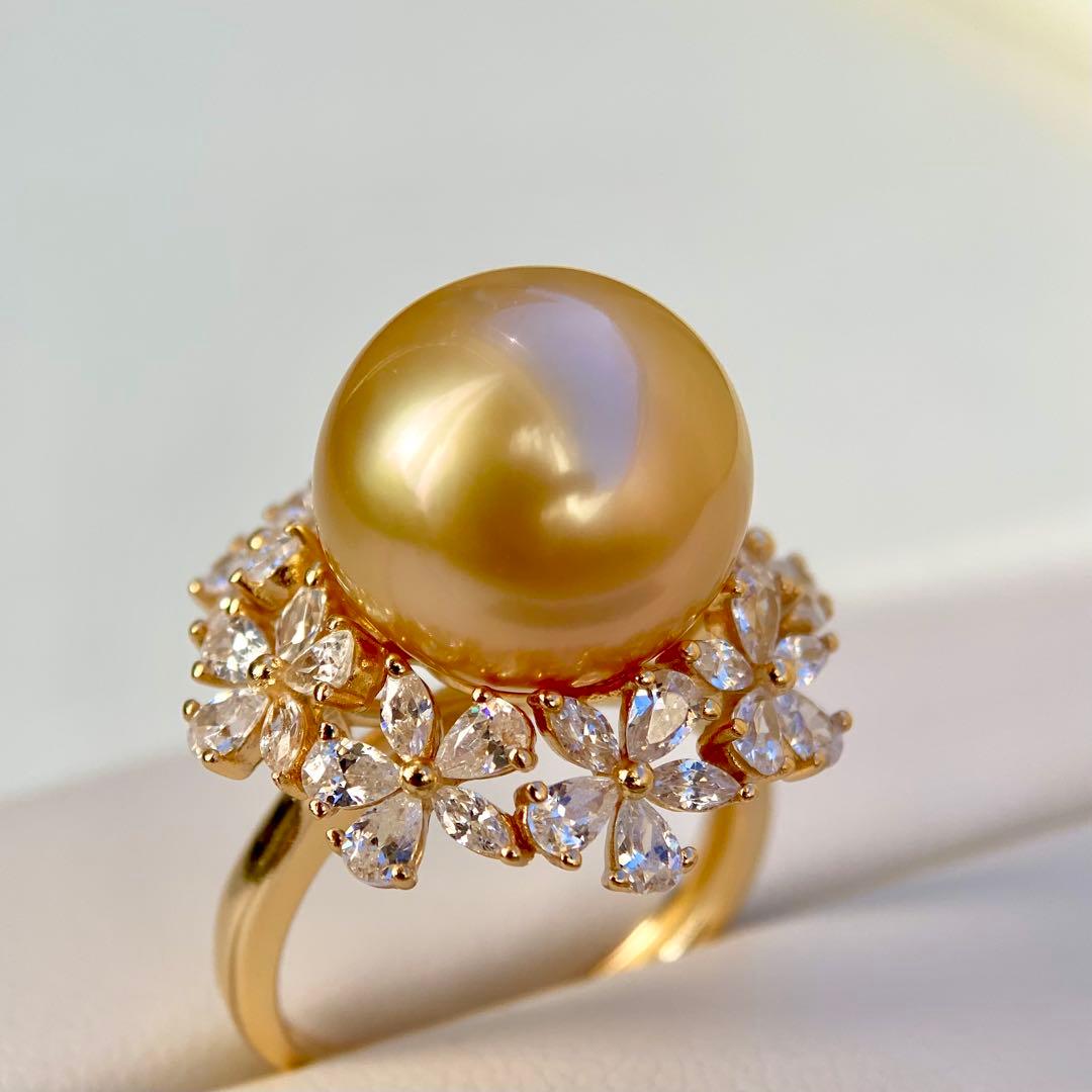 本真珠南洋白蝶真珠　茶金12.9㍉花モチーフs925リングY1018