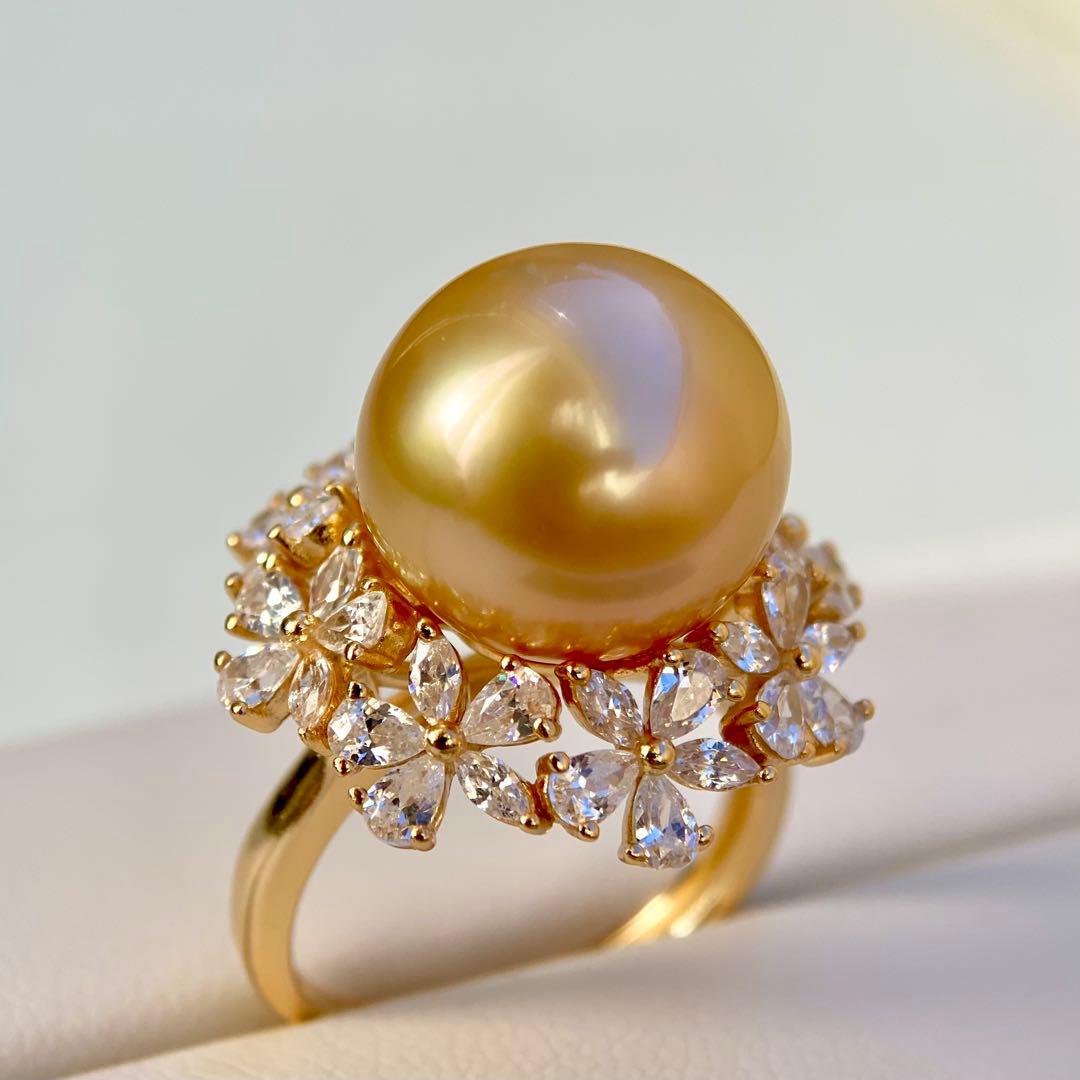 本真珠南洋白蝶真珠　茶金12.9㍉花モチーフs925リングY1018