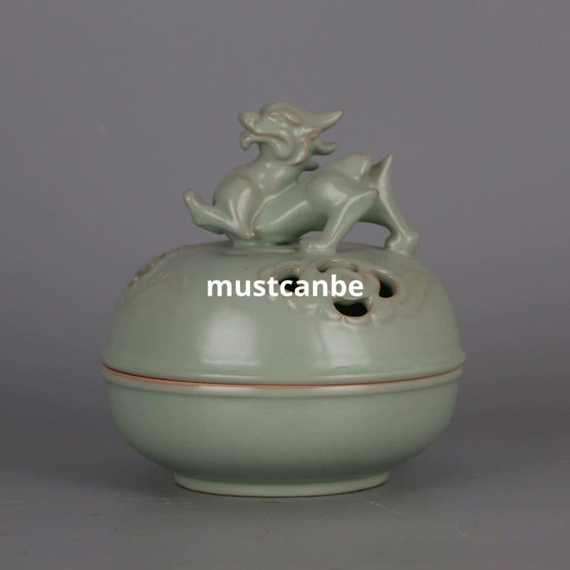 青釉透かし彫龍紋香炉 香道具 仏具 陶磁器 工芸品 置物