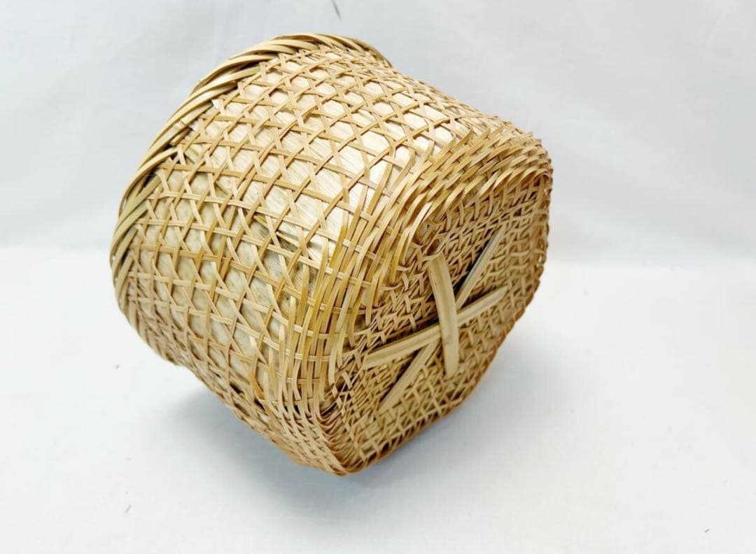 未使用 茶道具 島田竹宝斎作 又妙斎好写 唐筆篭炭斗 炭取 炭斗籠 竹細工 紙箱