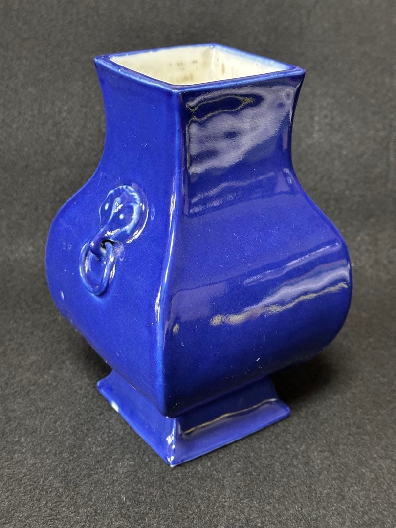 古美術 清 藍釉双耳花瓶　瑠璃釉　高さ約19.5cm 花入　中国美術