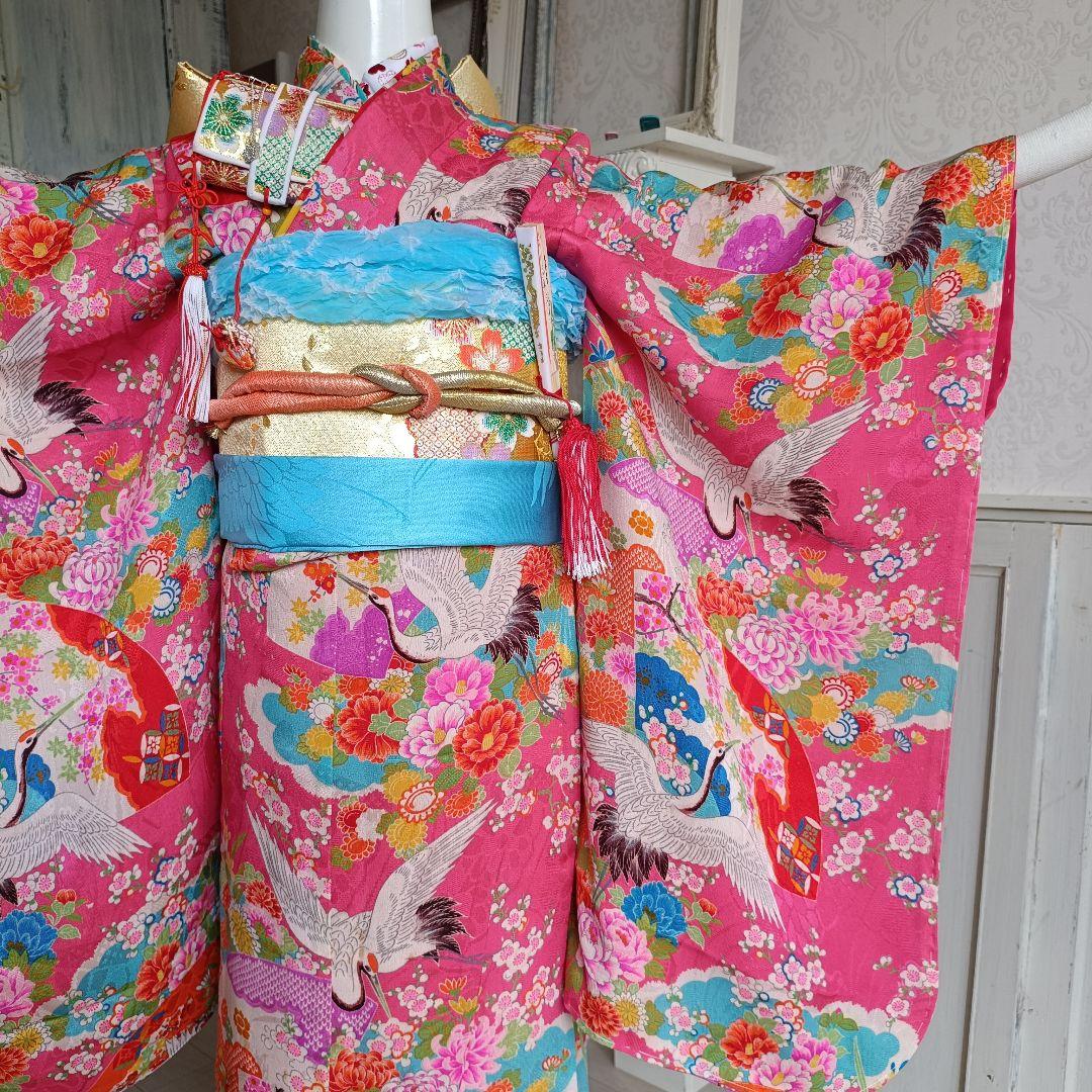 アンティークピンクに飛翔鶴の着物と作り帯☆七五三フルセット