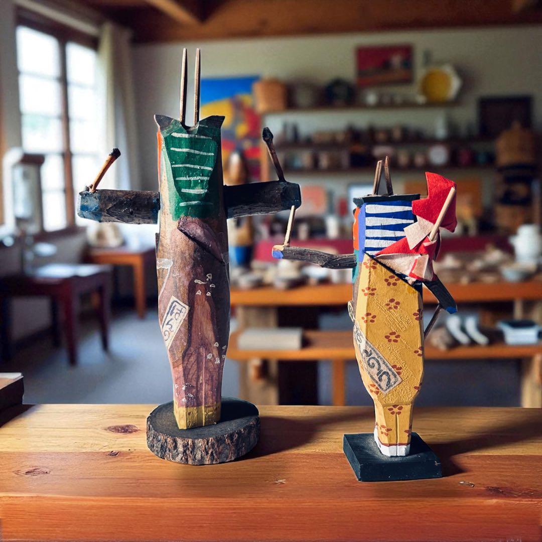 廃絶品 埼玉県飯能市 郷土玩具 大河原宏彰 丸木彫人形《獅子舞》 ×2 美楽堂