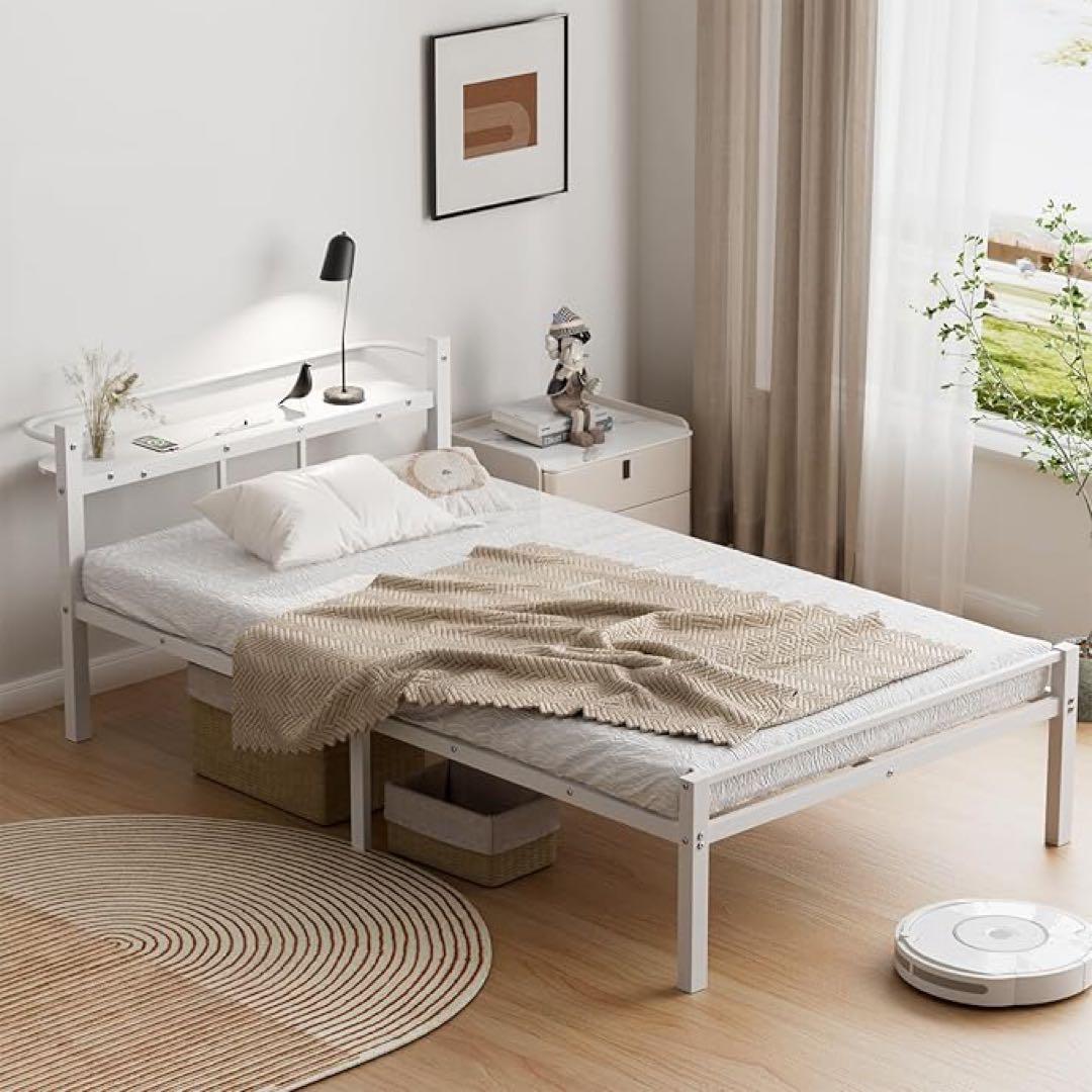 ベッドフレーム シングル ベッド 宮棚 2口コンセント パイプベッド　床下収納