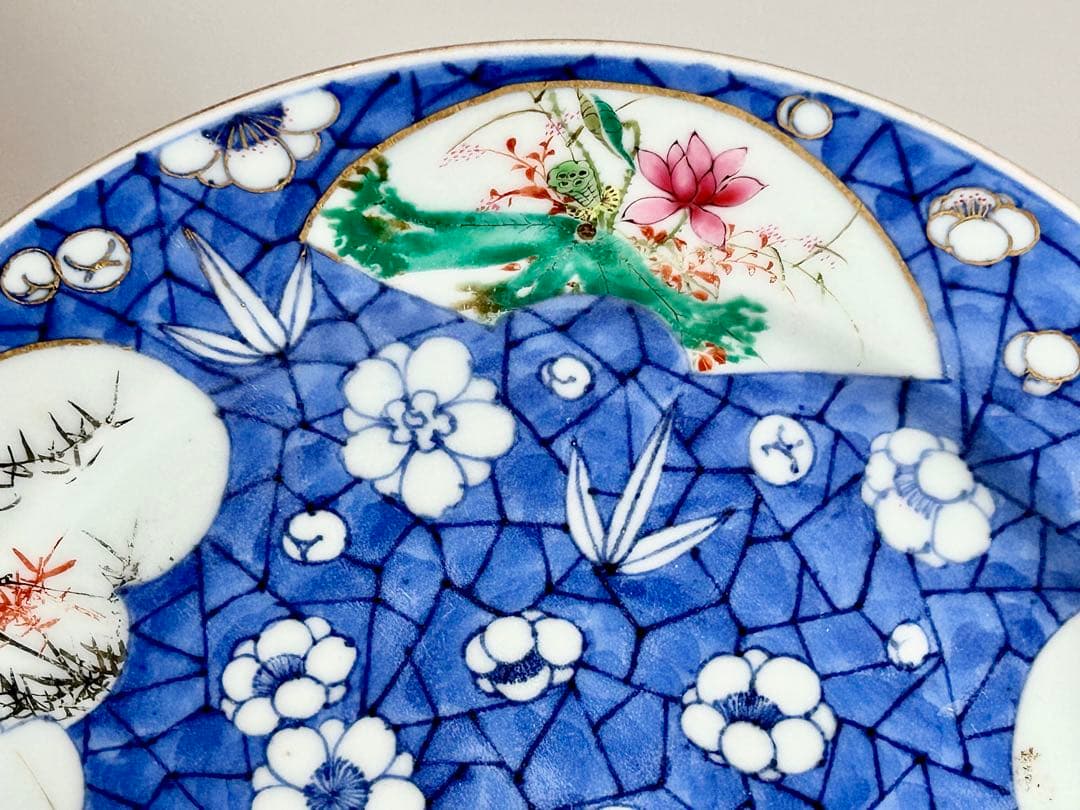 明治京焼の先駆者 幹山伝七 染錦梅花氷裂文八寸皿 湖東焼 京焼 清水焼