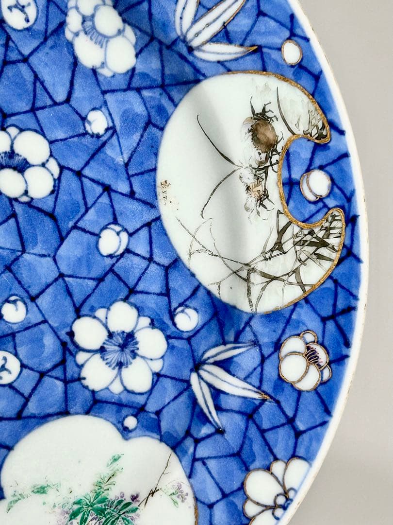 明治京焼の先駆者 幹山伝七 染錦梅花氷裂文八寸皿 湖東焼 京焼 清水焼