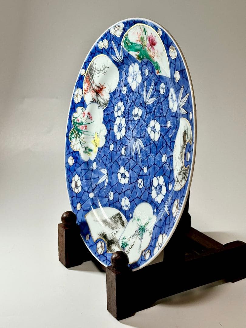 明治京焼の先駆者 幹山伝七 染錦梅花氷裂文八寸皿 湖東焼 京焼 清水焼