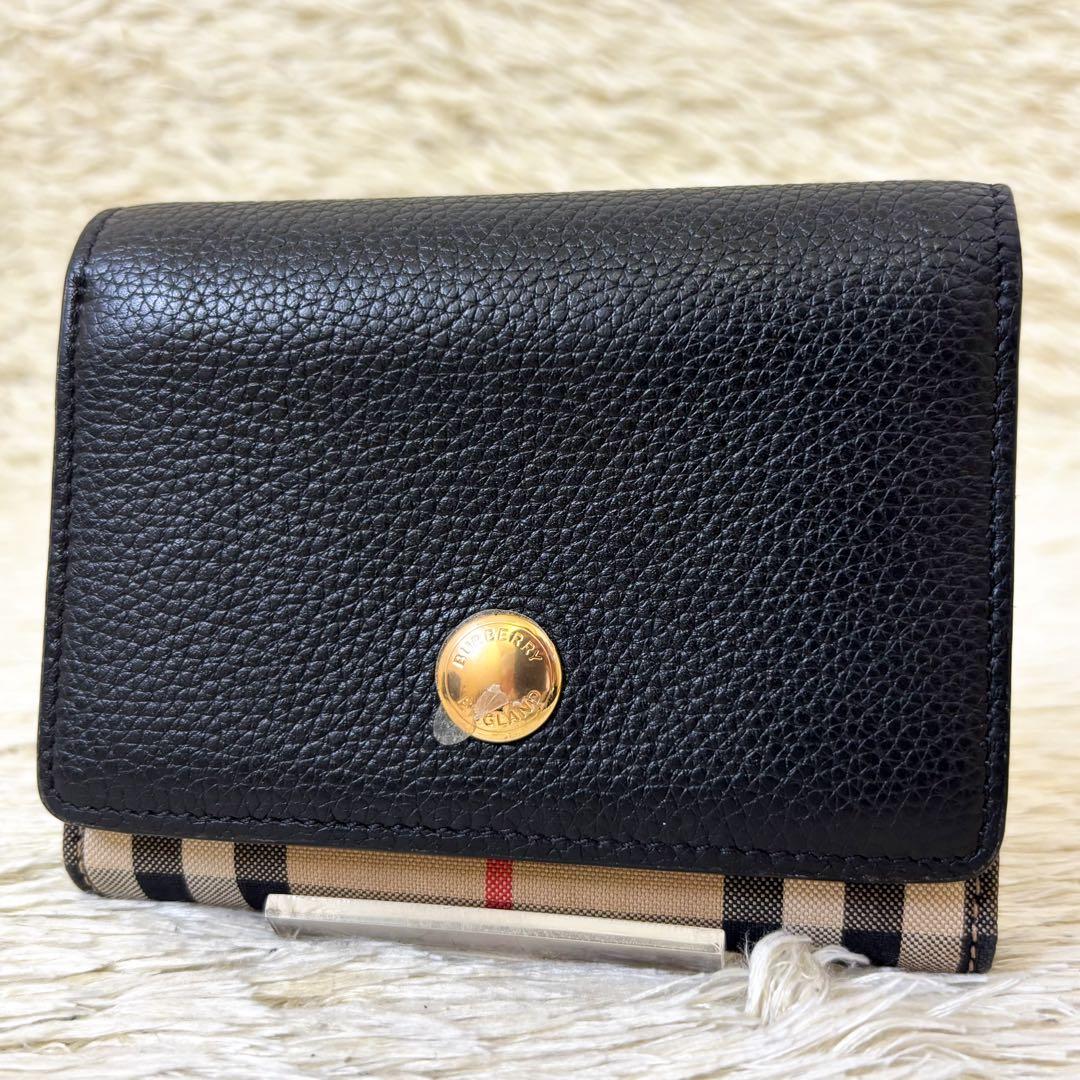 【極美品】バーバリー 三つ折り財布 アイコンストライプ ブラック ベージュ