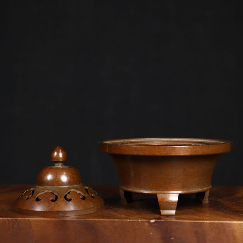 銅製 蘇工如意三足炉 盤香炉 檀香炉 茶道具 香道具 装飾品 工芸品 置物
