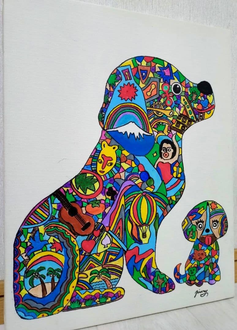 【F6号】ジミー大西【Dog】手描き/表裏サイン有り/油彩/アクリル/絵画/額縁