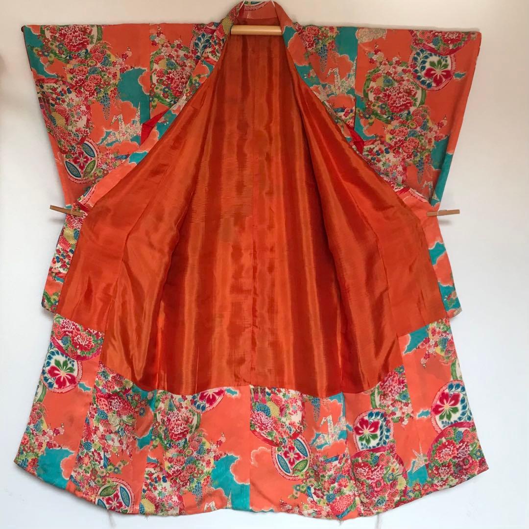 正絹 アンティーク着物 女の子 七五三 ◇花丸 折鶴 古典柄