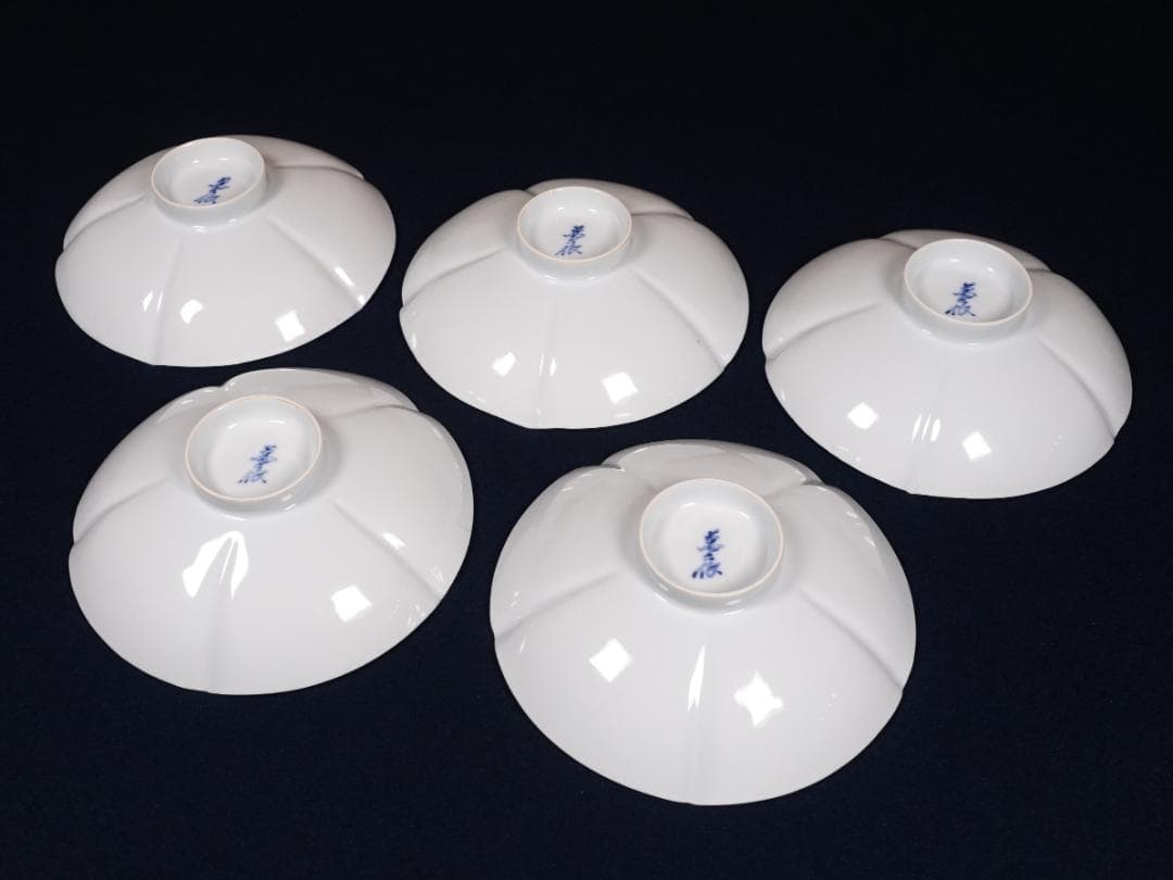 人間国宝 井上萬二 本人作 白磁花形銘々皿 5客 共箱