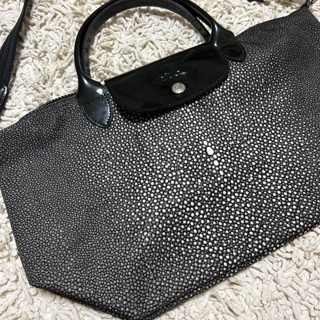 ロンシャンブラック ナイロン レザー ショルダーバッグ