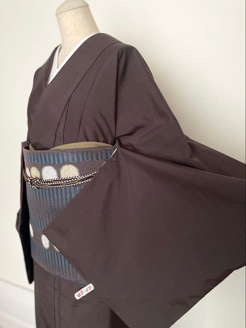深茶ドット牛首紬 正絹小紋着物
