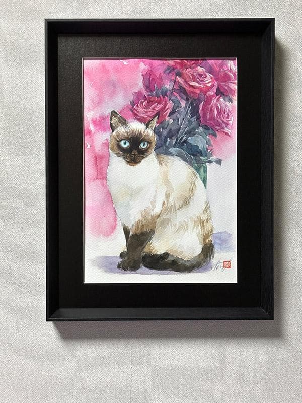水彩アート「薔薇とシャム猫」1点物、手描き、真筆。
