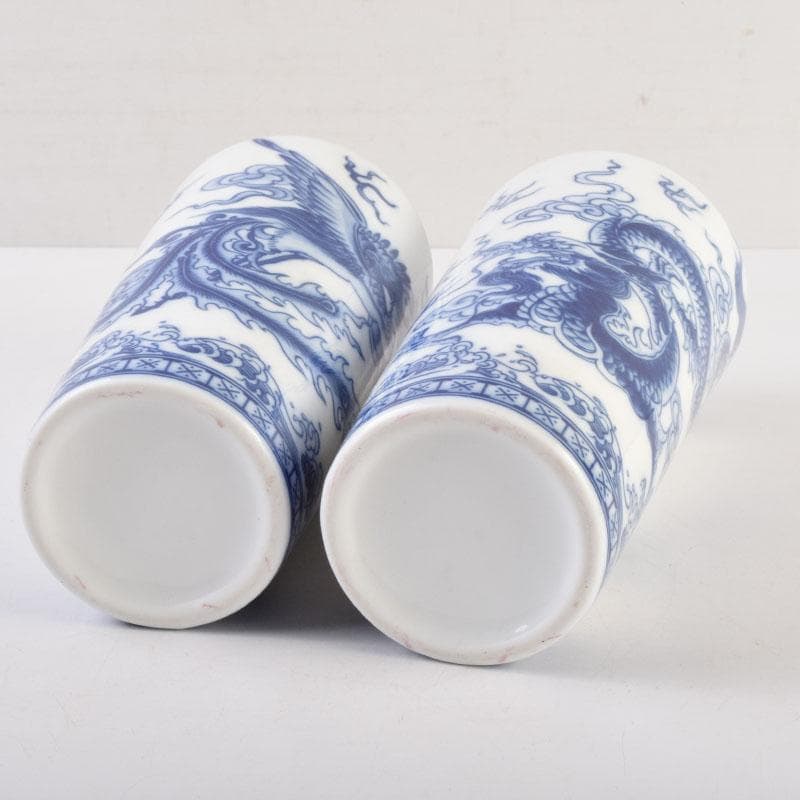 中国　青花　雲龍鳳凰文瓶　花瓶　唐木台付　一双　箱付　V　9066A