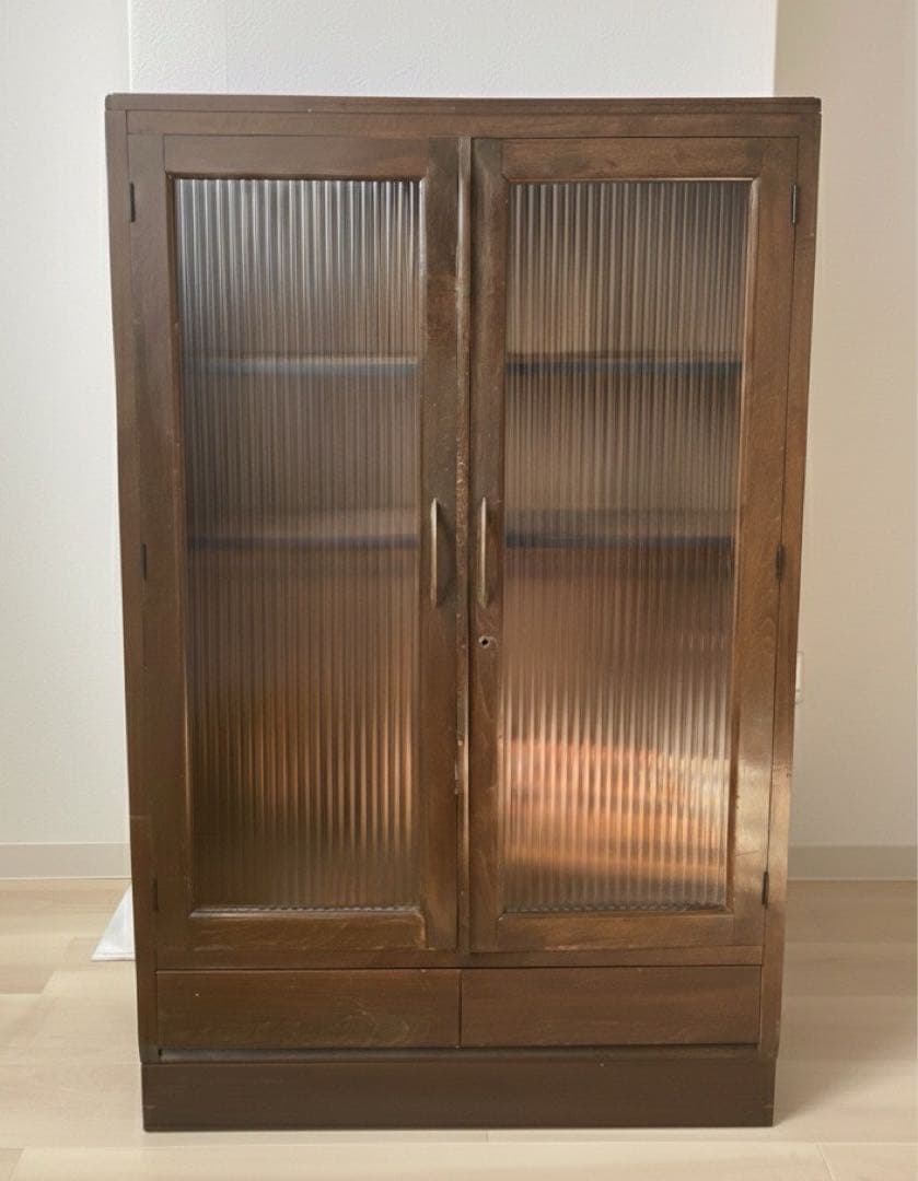 ヴィンテージ 木製キャビネット(モールガラス扉、引出し)