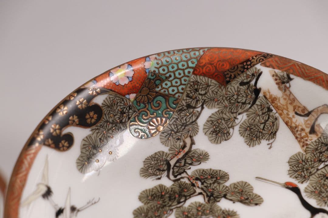 CH85 時代 九谷焼 福栄 金彩色絵 小皿 六客 12.2cm 山水 鶴松