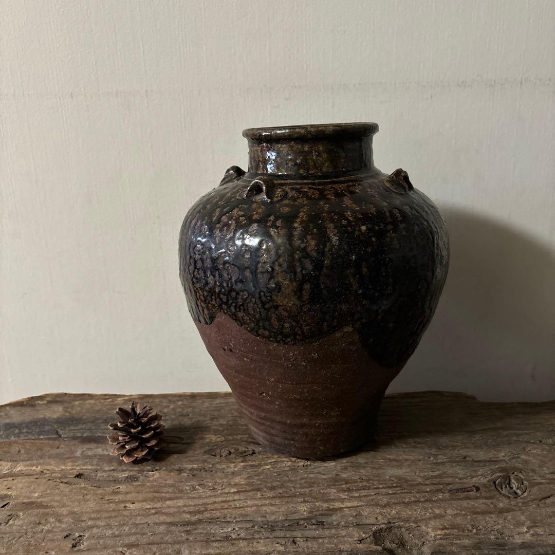 古丹波壷(江戸時代頃) 飴釉葉茶壺　古道具　古備前　古信楽　検:李朝　呂宋壷