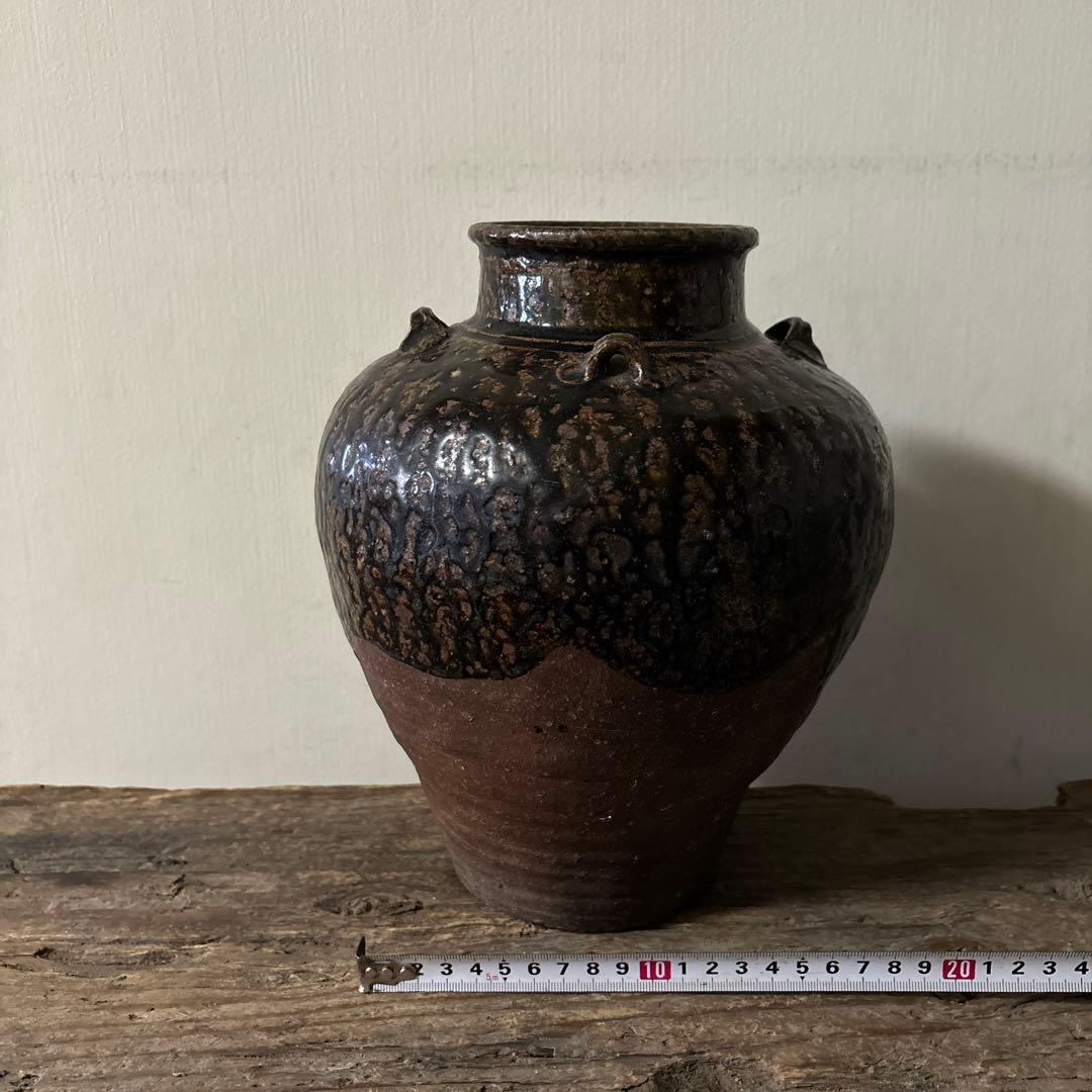 古丹波壷(江戸時代頃) 飴釉葉茶壺　古道具　古備前　古信楽　検:李朝　呂宋壷