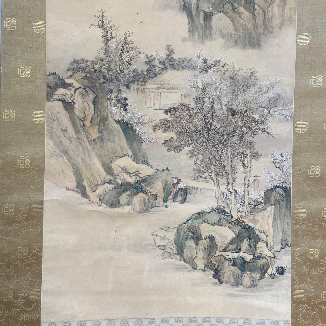 与謝蕪村筆青緑山水の図掛軸 絹本