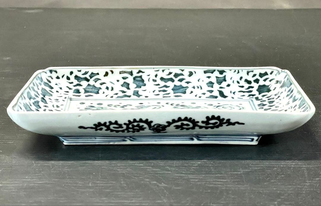 割引❗️【稀少 江戸中期】 古伊万里 染付 紙摺印判 波兎 長皿 （523Al①）