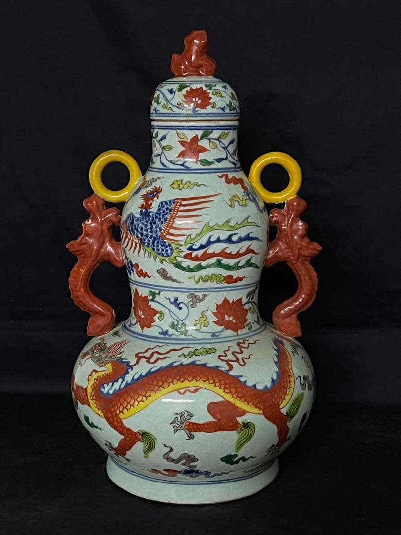 希少品【倉庫整理】古美術　明時代五彩龍鳳文瓢箪蓋瓶【大明宣徳年製】在銘 W-9