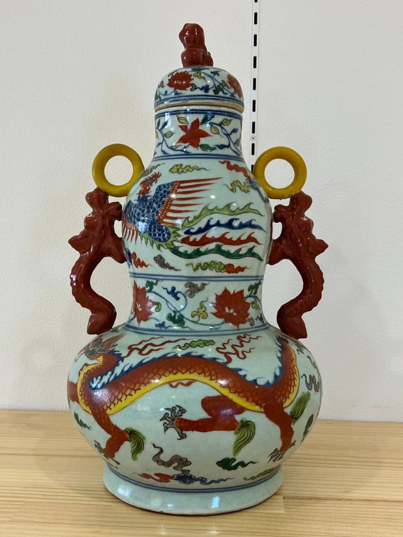 希少品【倉庫整理】古美術　明時代五彩龍鳳文瓢箪蓋瓶【大明宣徳年製】在銘 W-9