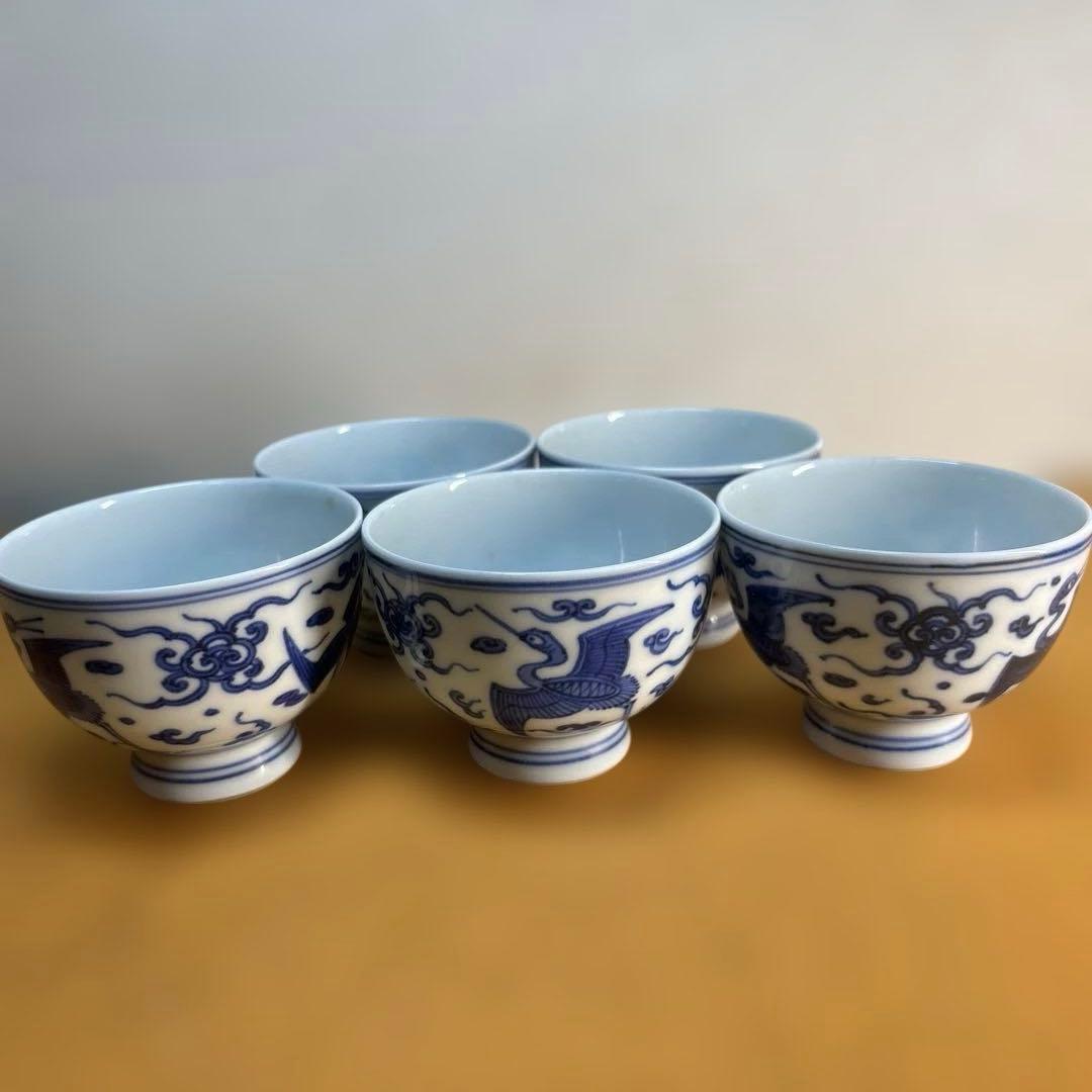 茶道具 京焼　華中亭道八製 染付青花茶碗 5点セット