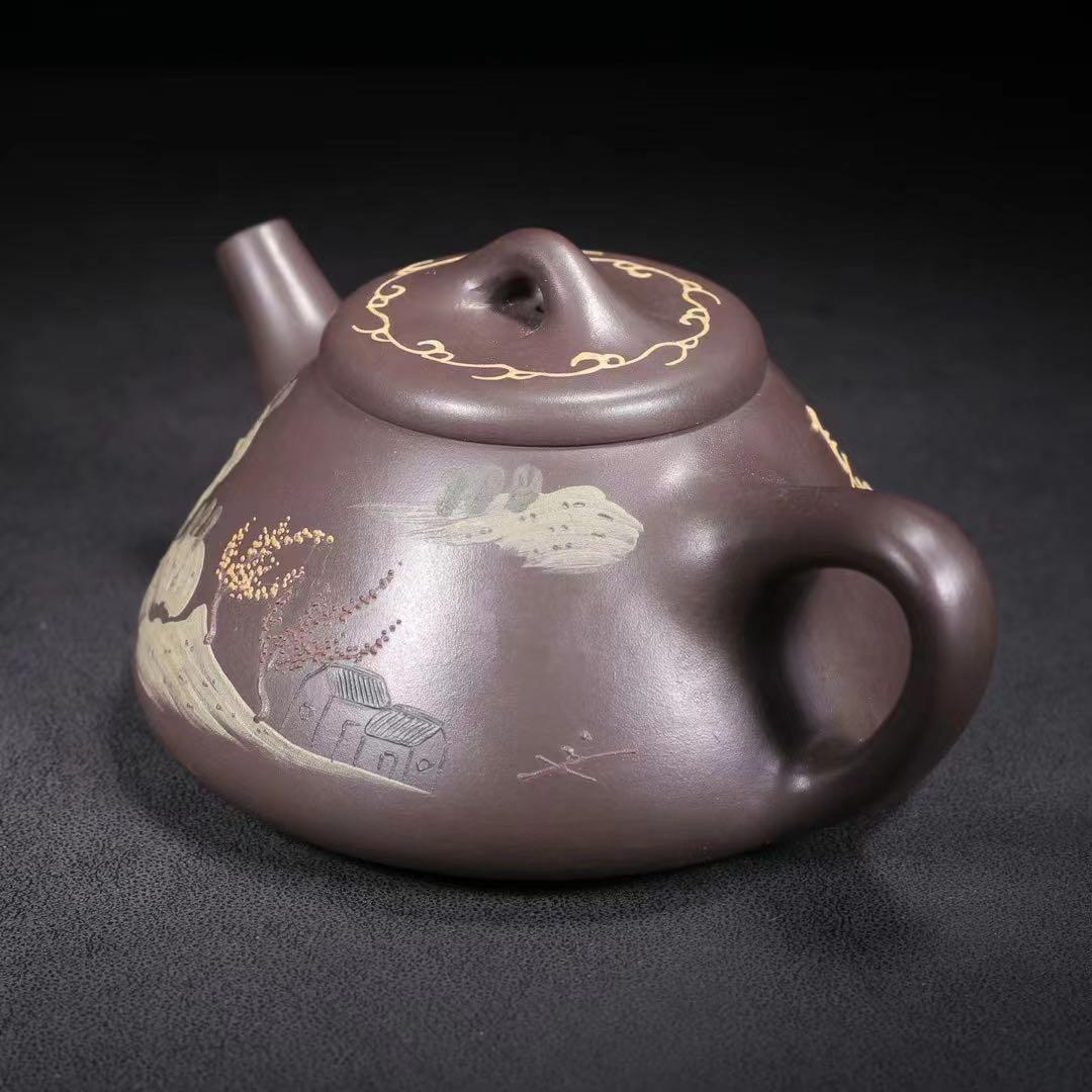 中国古美術・原鉱紫泥・山高水長紋紫砂壺・紫泥急須・茶壺・茶道具・希少珍品・賞物・