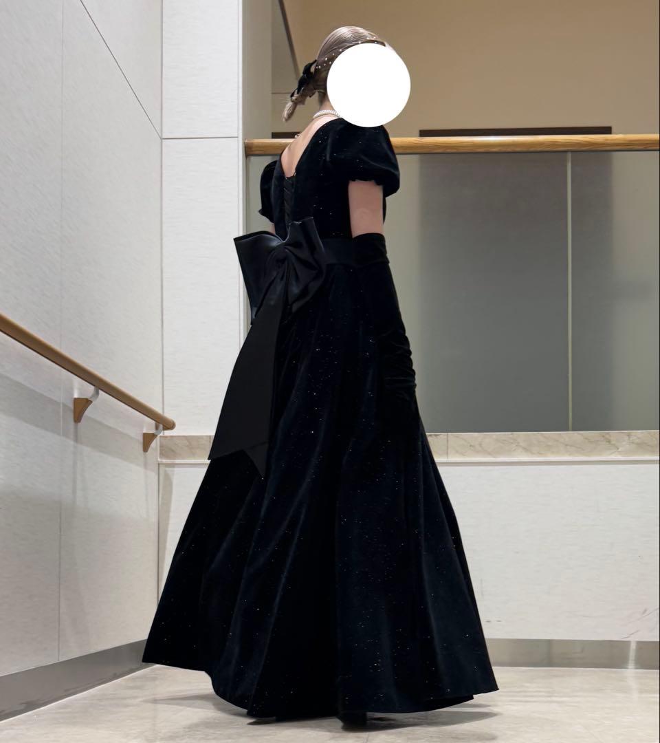 ★ラメベルベットドレス ブラック★ リボン／ベルト／パニエ／ロング手袋付き
