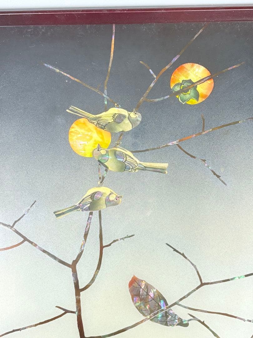 螺鈿細工 日本画 鳥 果物 柿 額装 絵画 アート アンティーク