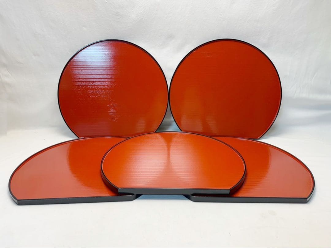 未使用 懐石道具 木製 尺3 半月両面膳 線筋 5客揃 会席膳 煎茶道具 紙箱