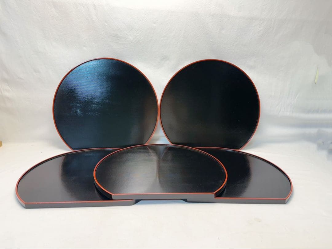 未使用 懐石道具 木製 尺3 半月両面膳 線筋 5客揃 会席膳 煎茶道具 紙箱