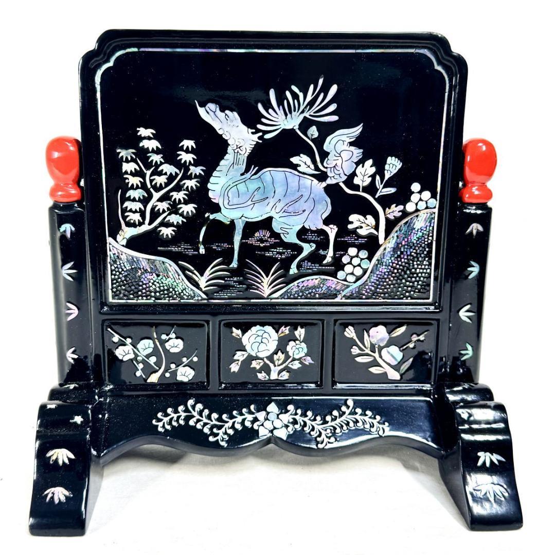 清時代 木製黒漆 青貝螺鈿装飾 山水人物麒麟神獣文 硯屏 衝立 WWWT107