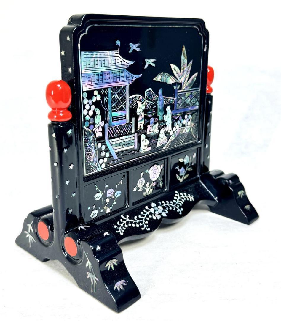 清時代 木製黒漆 青貝螺鈿装飾 山水人物麒麟神獣文 硯屏 衝立 WWWT107